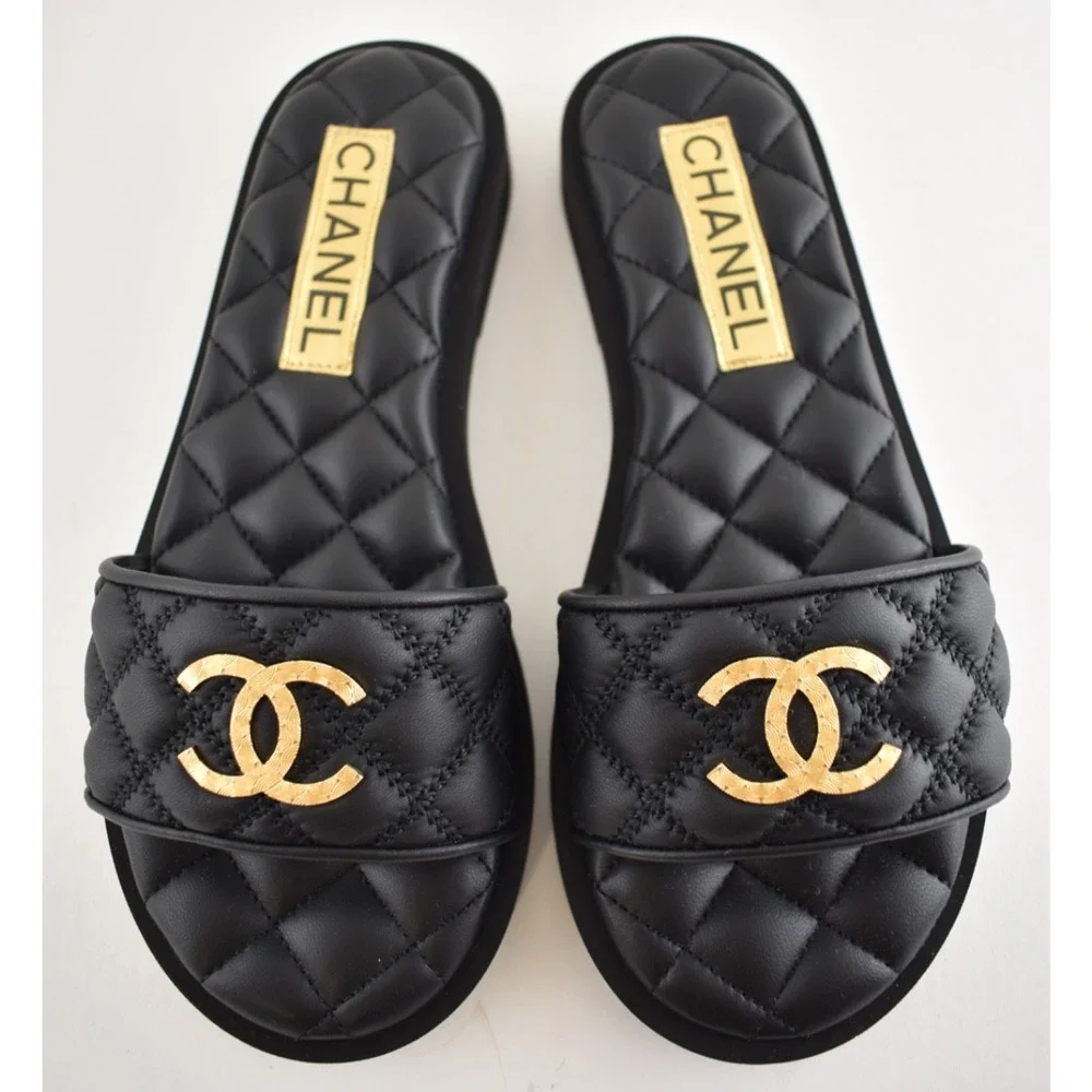 Chanel REV Black Quilted Leather Gold Logo Mule Slide Sandal Flip Flop Flat 35